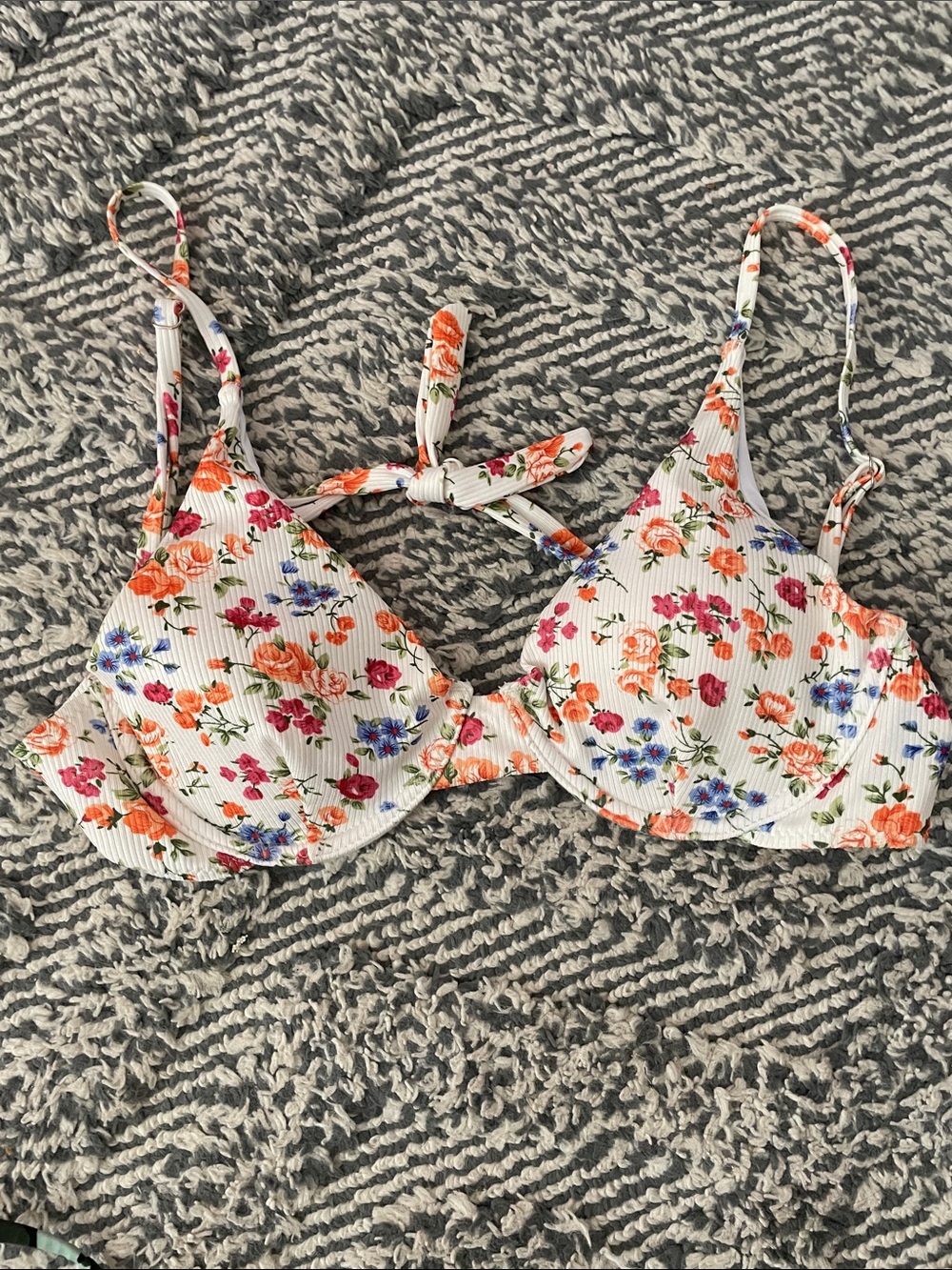 SHEIN White Floral Bikini Top with Orange, Pink & Blue Flowers